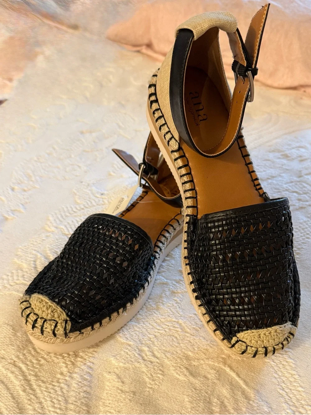 ana Black Woven Espadrille Flats with Ankle Strap